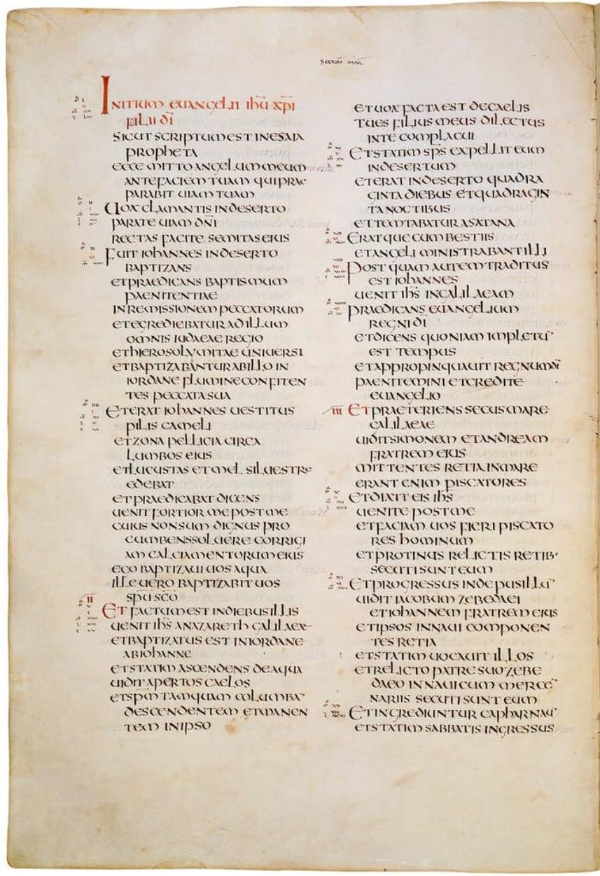Codex Amiatinus - Gospel of Mark, chapter 1.jpg · Unknown authorUnknown author · Public domain · 위키미디어 공용